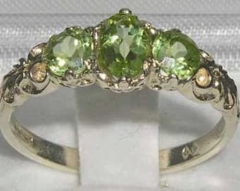 English 925 Sterling Silver 3 Peridot Anniversary Vintage Style Ring,  Ring, English Victorian Trilogy Band - Customize: 9K,14K, 18K