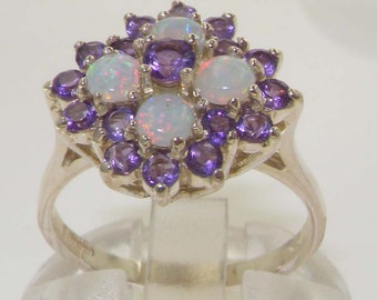 Solid 925 Sterling Silver Amethyst & Colorful Opal Anniversary Ring, English Vintage Design Unique Cluster Flower Ring - Customizable