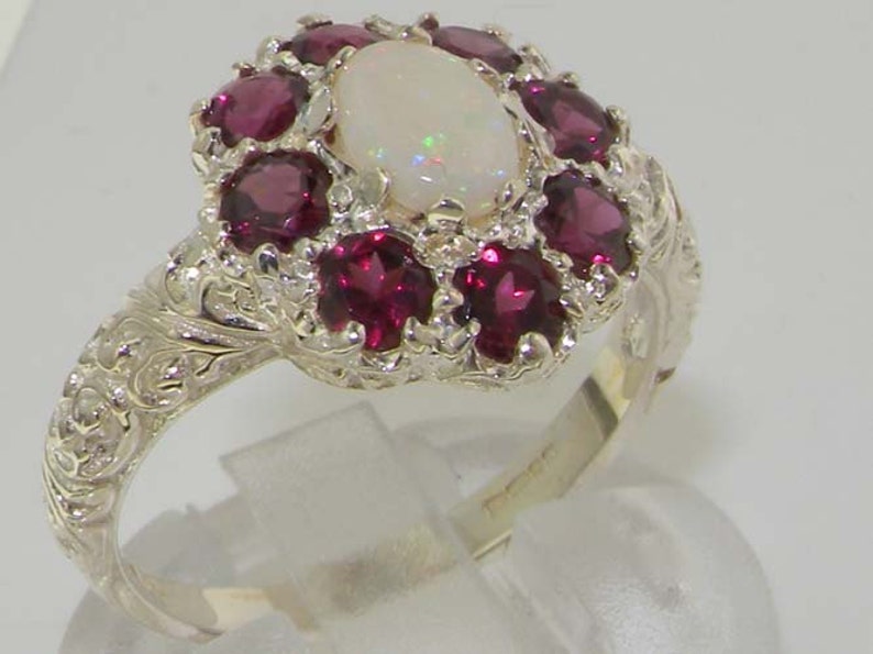 English Vintage Design Ring Customizable Solid 925 Sterling Silver Natural Garnet /& Colorful Opal Large 3 Tier Cluster Flower Ring