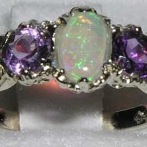 English 925 Sterling Silver Colorful Opal & Amethyst Anniversary Vintage Style Ring, 3 Stone Trilogy Band - Customizable