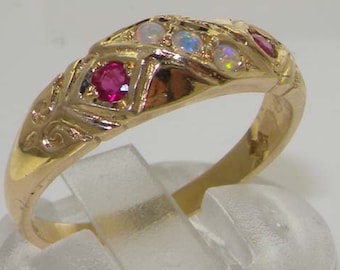 Anillo de eternidad de lujo en oro amarillo de 9 quilates con ópalo y rubí de colores naturales, estilo vintage inglés. Personalizable: platino (9 quilates, 10 quilates, 14 quilates y 18 quilates).