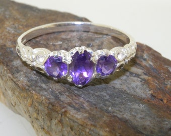 Solid White Gold Natural Amethyst Trilogy Vintage Style Ring - Available in 9K, 10K, 14K, 18K Customisable