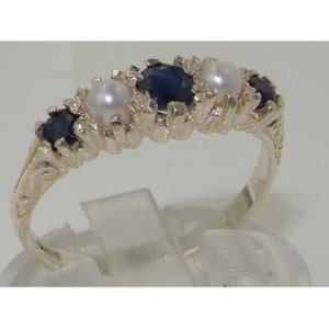 Anello in argento sterling 925 con zaffiro blu naturale e perle d&#39;acqua dolce in stile vintage, 5 pietre, classico, personalizzabile