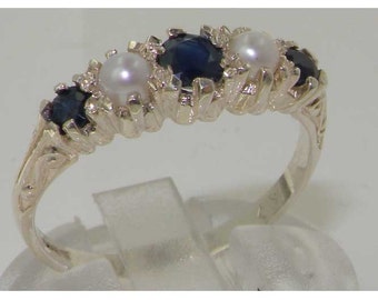 English 925 Sterling Silver Natural Rich Blue Sapphire & Freshwater Pearl Vintage Style Band, 5 Stone Classic Carve Ring - Customizable