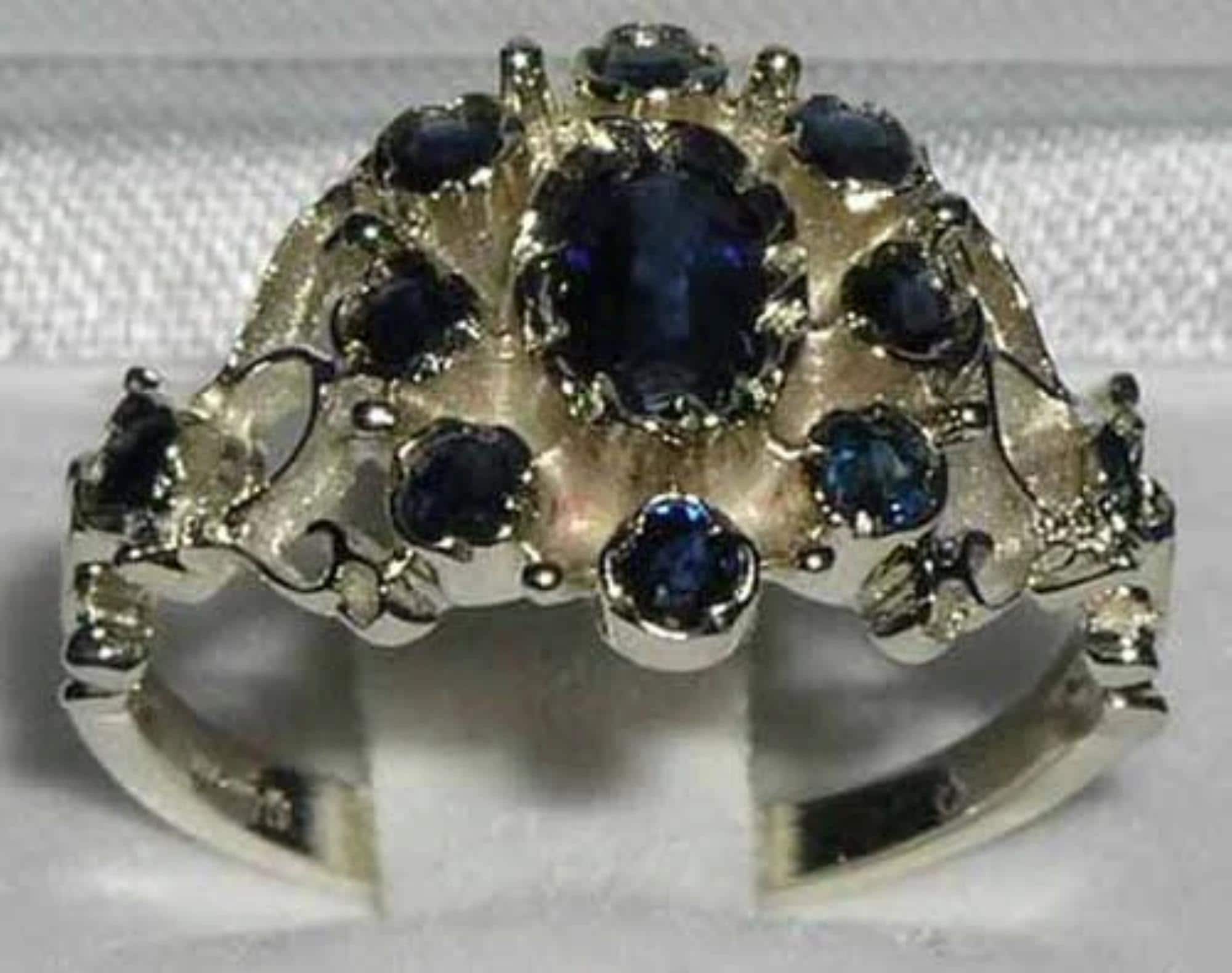 English 9K White Gold Natural Dark Blue Sapphire Rosette Flower Cluster Pave Ring, Boho Ring - Antique Victorian Style - Customizable