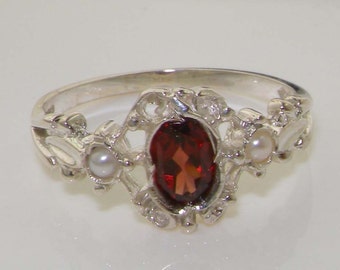 Solid 925 Sterling Silver Natural Garnet & Freshwater Pearl Unique Victorian Dainty Ring -Made in England - Customize:9K,14K,18K