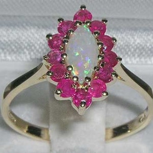 9K Yellow Gold Natural Ruby & Marquise Natural Colorful Opal Engagement Ring, English Vintage Design Cluster Flower Ring -Customizable
