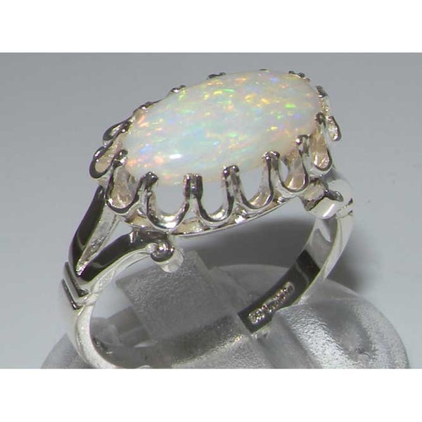 Solid 925 Sterling Silver Oval Natural Colorful Opal Solitaire Ring, English Vintage Style Unique Claw Single Stone Ring - Customizable