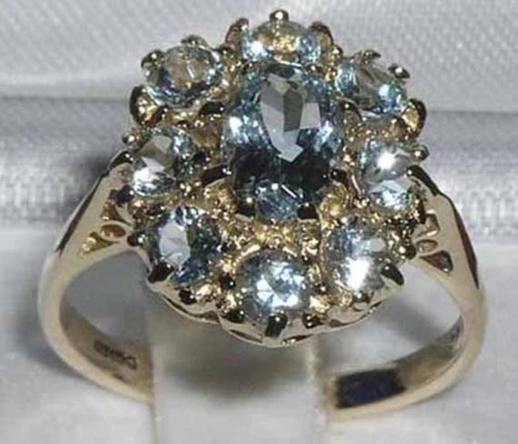 Solid 925 Sterling Silver Natural Aquamarine Promise Ring, English Antique Style Cluster Flower Ring -Customizable
