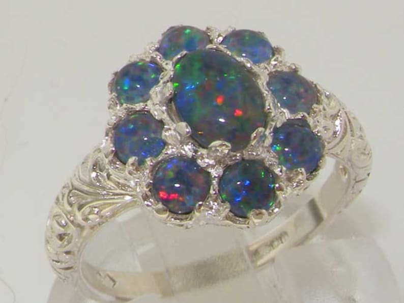English Victorian Style Carved Ring Customisable 925 Sterling Silver Opal Triplet Victorian Inspired Flower Cluster design