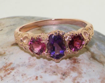 Rose Gold Natural Amethyst & Pink Tourmaline Trilogy Vintage Style Ring | Romantic English Scroll Carved Ring | Gold Trilogy Ring