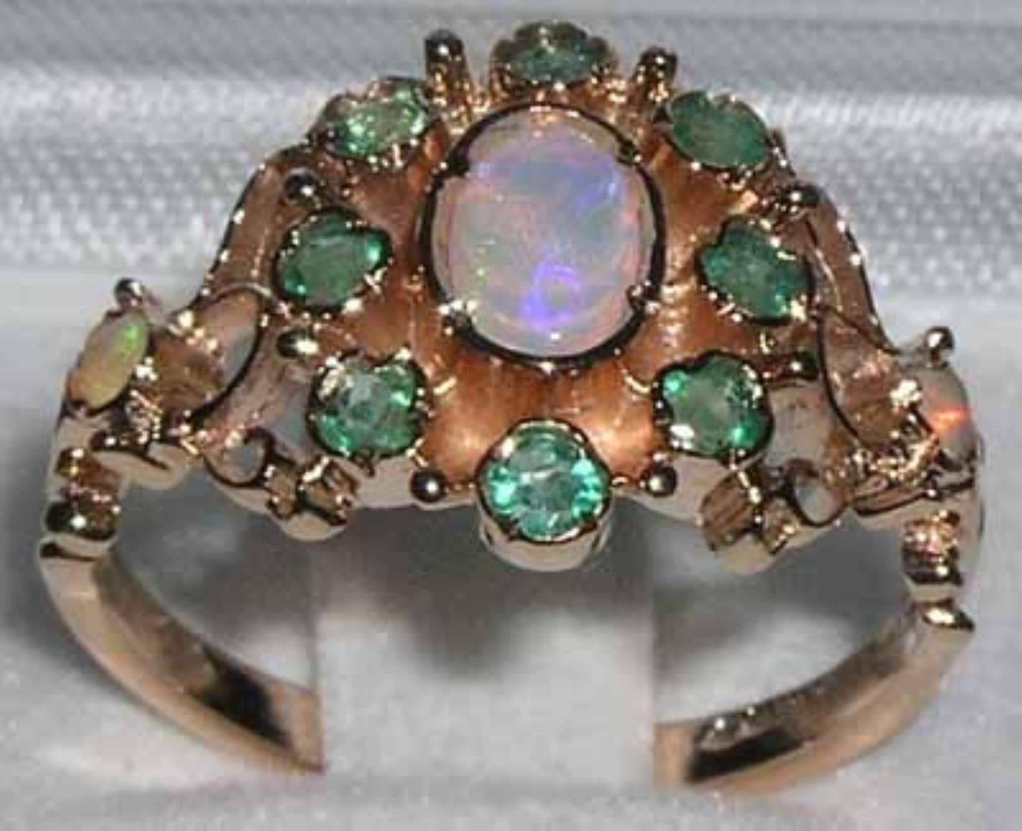 9K Rose Gold Natural Colorful Opal & Green Emerald Unique Rosette 