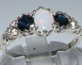 Sample Sale! Sterling Silver Opal & Sapphire Trilogy Ring | Victorian Inspired | Ready to Ship! in US Sizes 8 and 9.5, UK Sizes Q and S 1/2