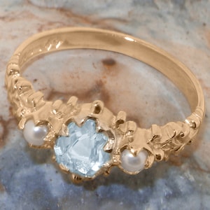 Rose Gold Natural Aquamarine & Pearl womens Trilogy Ring - Customizable 9K,10K,14K,18K Yellow, Rose or White Gold or Platinum