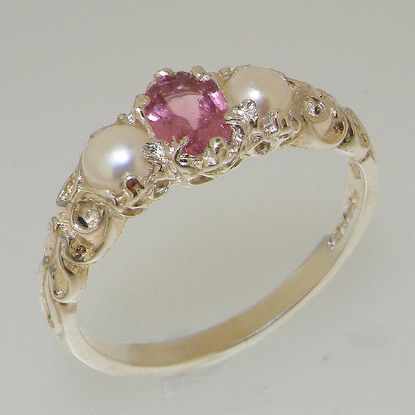 Bague trilogie pour femme en argent sterling massif 925, tourmaline rose naturelle et perle - Personnalisable Or jaune, rose ou blanc 9 carats, 14 carats, 18 carats