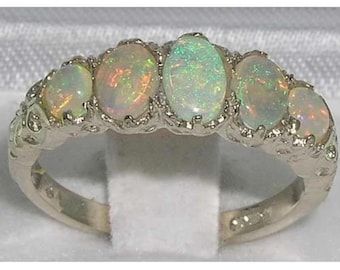 Platin Englisch Natürliche Bunte Opal Ring | 5 Stein Jubiläumsring | Natürliche Australische Opale | Platin-Ring | Weißgold Opal Ring
