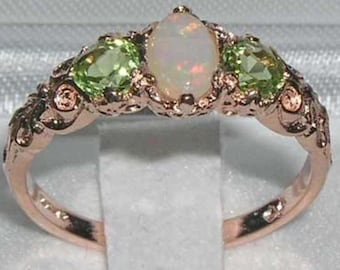 Solid 9K Rose Gold Natural Opal & Peridot Engagement Vintage Style Ring, English Victorian Style 3 Stone Trilogy Ring,  Ring - Customizable