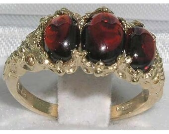 14K Yellow Gold 3ct Natural Cabochon Garnet 3 Stone Trilogy Ring, Prong Setting English Victorian Style Ring - Made in England -Customizable