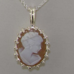 Large 16x12mm Oval Natural Shell Carved Cameo Pendant with Solid 925 Sterling Silver Necklace, Classic Vintage Design Cameo -Made in England