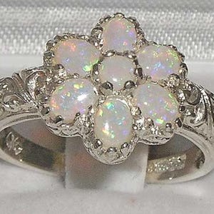 925 Sterling Silver Genunie Coloful Opal Anniversary Ring, English Vintage Style Carved Ring, Art Nouveau Cluster Flower Ring - Customizable