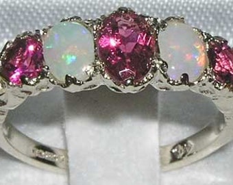 Natural Pink Tourmaline & Colorful Opal 925 Sterling Silver English Victorian Style Eternity Ring, 5 Stone Anniversary Ring