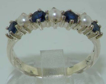 Natural Freshwater Pearl & Blue Sapphire Ring, Solid 925 Sterling Silver Half Eternity Band, 7 Stone  Promise Ring -Customizable