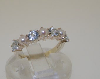 Ready To Ship! Solid 925 English Sterling Silver Aquamarine Half Eternity Ban Finger Size 4.5