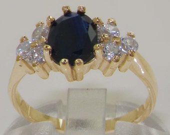 English 14K Yellow Gold Dark Blue Sapphire with 0.36ct 1/3ct Diamond Accent Engagement Ring,  Wedding Ring -Customize:9K,14K,18K