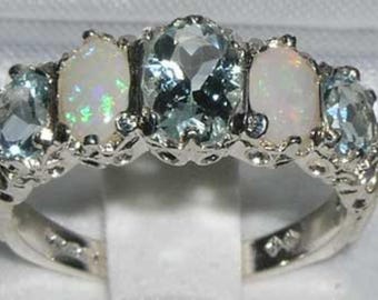 English Sterling Silver Natural AAA Aquamarine & Opal Victorian Style Eternity Ring - Made in England - Customize: 9K,14K,18K