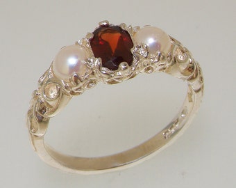 Solid 925 Sterling Silver Natural Garnet & Pearl womens Trilogy Ring - Customizable Platinum,9K,10K,14K,18K Yellow, Rose or White Gold