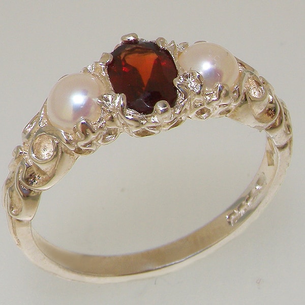 Bague trilogie pour femme en argent sterling massif 925 avec grenat naturel et perle - Personnalisable Or jaune, rose ou blanc 9 carats, 14 carats, 14 carats ou blanc