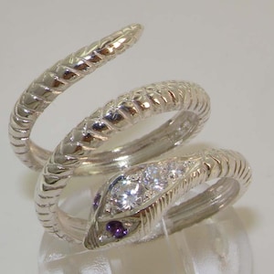 Fabulous Solid English 9K White Gold Natural Amethyst & Precious Diamond Coiled Snake Band, Wrap Ring - Customize:Platinum,9K,10K,14K,18K
