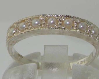 English Solid 9K White Gold Natural Freshwater Pearl Victorian Eternity Band,  Wedding Ring - Customize: 10K,14K,18K