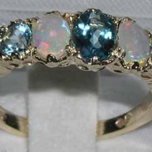 English 14K Yellow Gold Natural Blue Topaz & Colorful Opal Victorian Style Carved Ring 5 Stone Eternity Ring, Wedding Band - Made in England
