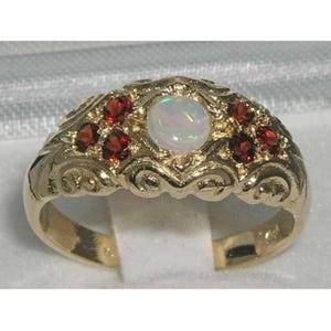 Natural Opal & Garnet English 9K Yellow Gold Victorian Unique Anniversary Band Ring-Made in England-Customize:Platinum,9K,10K,14K,18K Gold