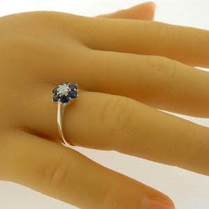 Sample SALE! Size 8 (UK P 1/2), 6 Petals Cluster Small Flower Ring, Natural Colorful Opal & Dark Blue Sapphire 925 Sterling Silver Ring