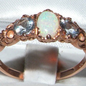 Solid 14K Rose Gold Natural Colorful Opal & Aquamarine English Vintage Style Trilogy Scroll Carved Ring Made in England Customizable image 1