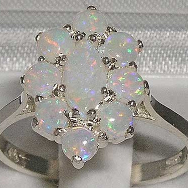 925 Sterling Silver Natural Opal Cluster Floral Engagement Ring, Anniversary Ring -Made in England-Customize:9K,14K,18K,Gold
