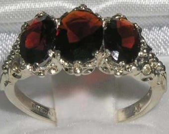 9K White Gold Garnet Ring, Victorian Style Trilogy Ring
