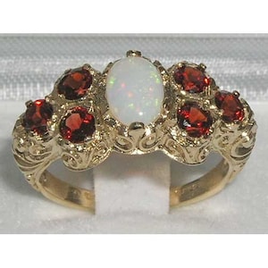 Natural  Opal & Garnet Solid 9K Yellow Gold Victorian Style Unique Engagement Ring -Made in England- Customize:14K,18K,Yellow,Rose,White