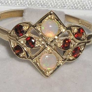 Dainty 9K 375 Yellow Gold Natural Colorful Opal & Garnet Cluster Ring, English Antique  Vintage Style  Design Ring