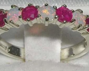Solid 14K White Gold Natural Colorful Opal & Ruby Half Eternity Ring,  Band - Made in England -Customize: 14K, 18K