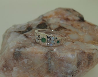 Sterling Silver Emerald and Opal Moon & Star Ring