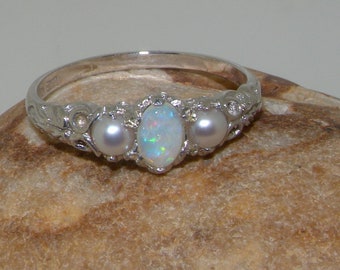 Solid 10k White Gold Natural Opal & Pearl womens Trilogy Ring - Customizable Platinum,9K,10K,14K,18K Yellow, Rose or White Gold