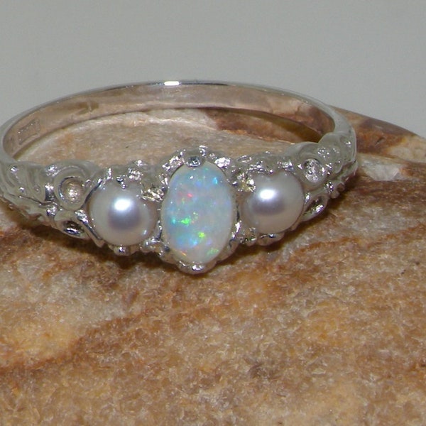 Solid 10k White Gold Natural Opal & Pearl womens Trilogy Ring - Customizable Platinum,9K,10K,14K,18K Yellow, Rose or White Gold