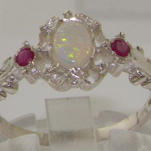 Sterling Silver Australian Opal & Ruby Trilogy Ring - Made in England - Customize; Platinum, 9K, 10K, 14K, 18K White, Rose,Yellow Gold