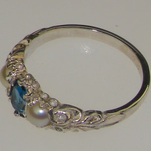Sterling Silver Natural London Blue Topaz & Pearl Womens Trilogy Ring ...