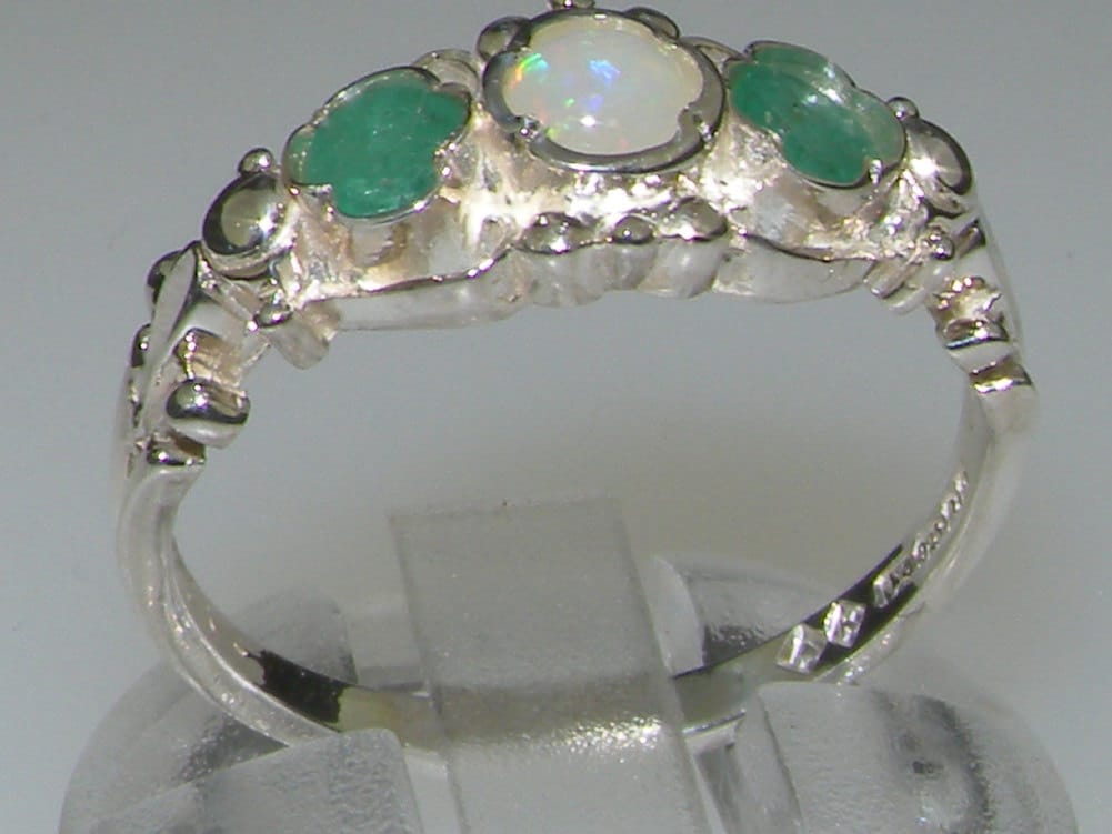 925 Solid Sterling Silver Natural Opal & Emerald Womens Trilogy Ring ...