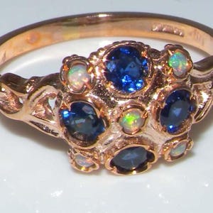 Unusual 9K Rose Gold Natural Opal & Light Blue Sapphire Dainty Unique English Victorian Design Cluster Ring - Made in England - Customizable