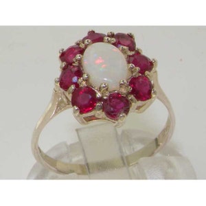 925 English Sterling Silver Natural Colorful Opal & Ruby Cluster Flower Anniversary Ring -Made in England-Customizable